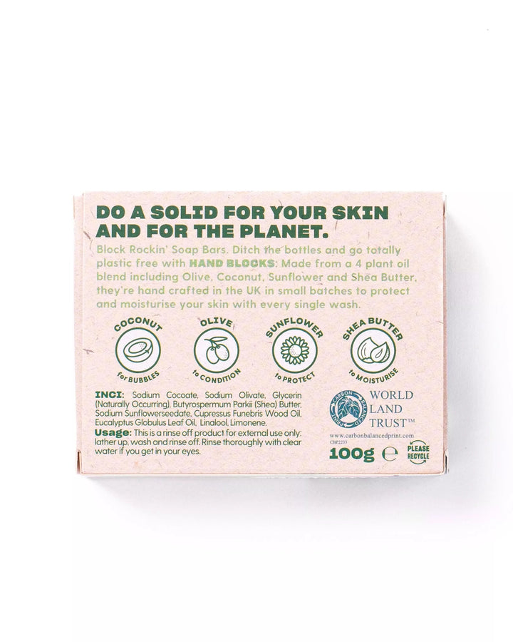 Box of hand blocks with branding and product information on a white background