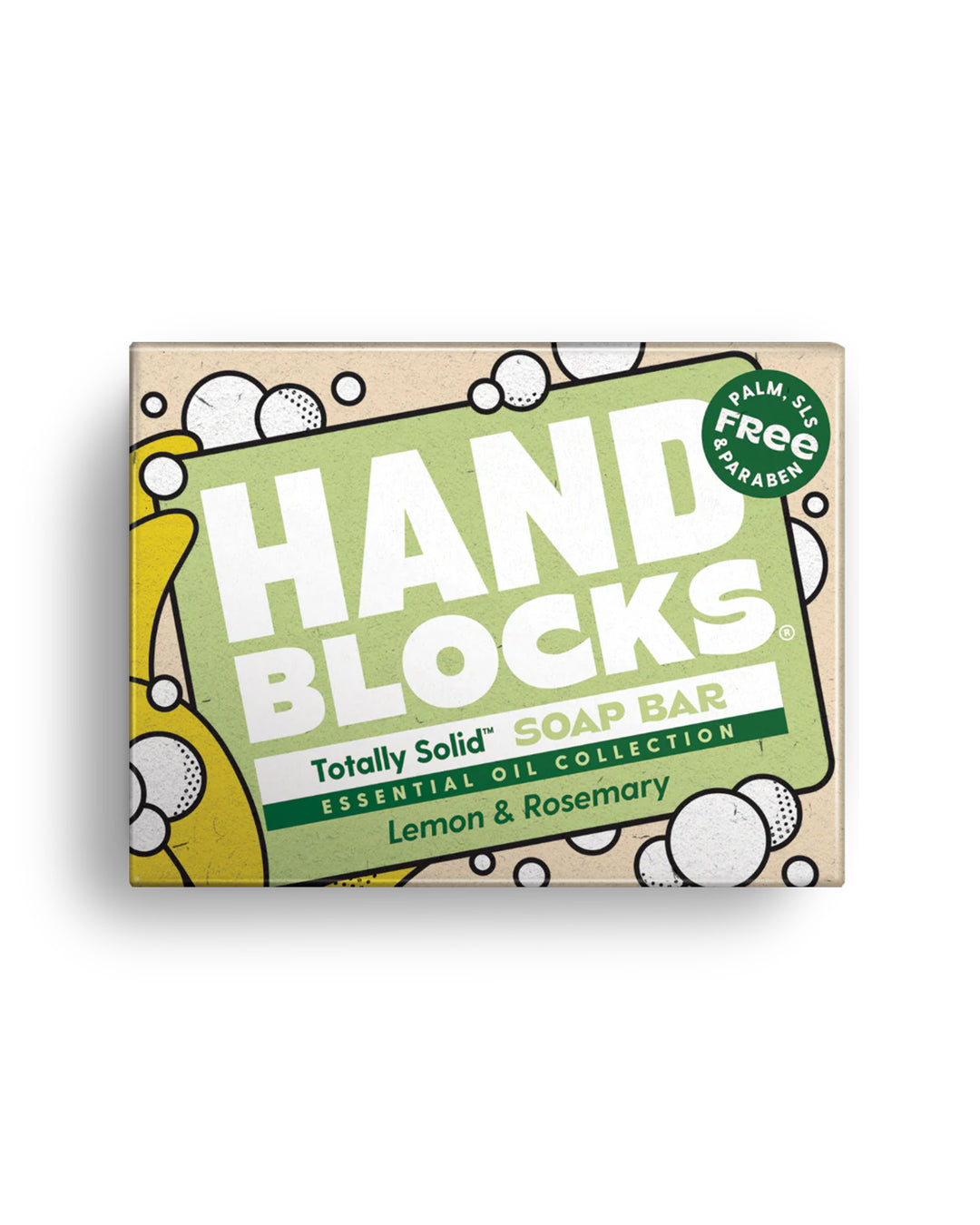 Hand Blocks soap bar packaging with lemon and rosemary flavor on a white background