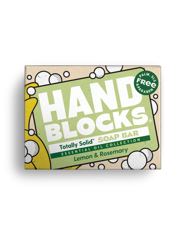Hand Blocks soap bar packaging with lemon and rosemary flavor on a white background
