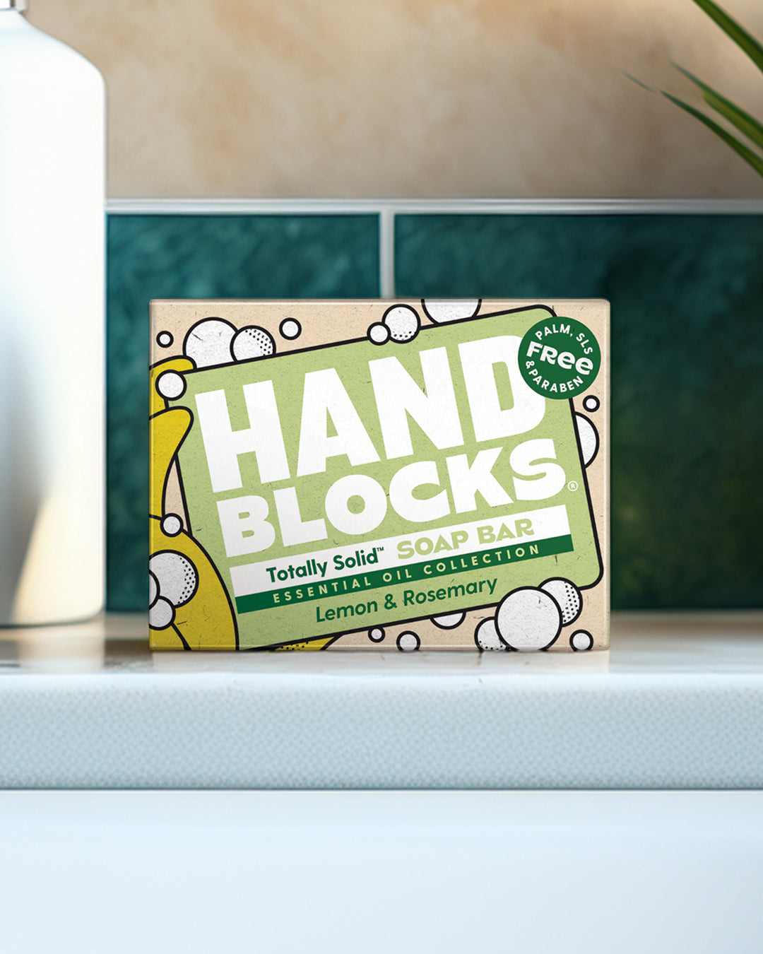 Hand Blocks soap bar packaging on a surface with a blurred background