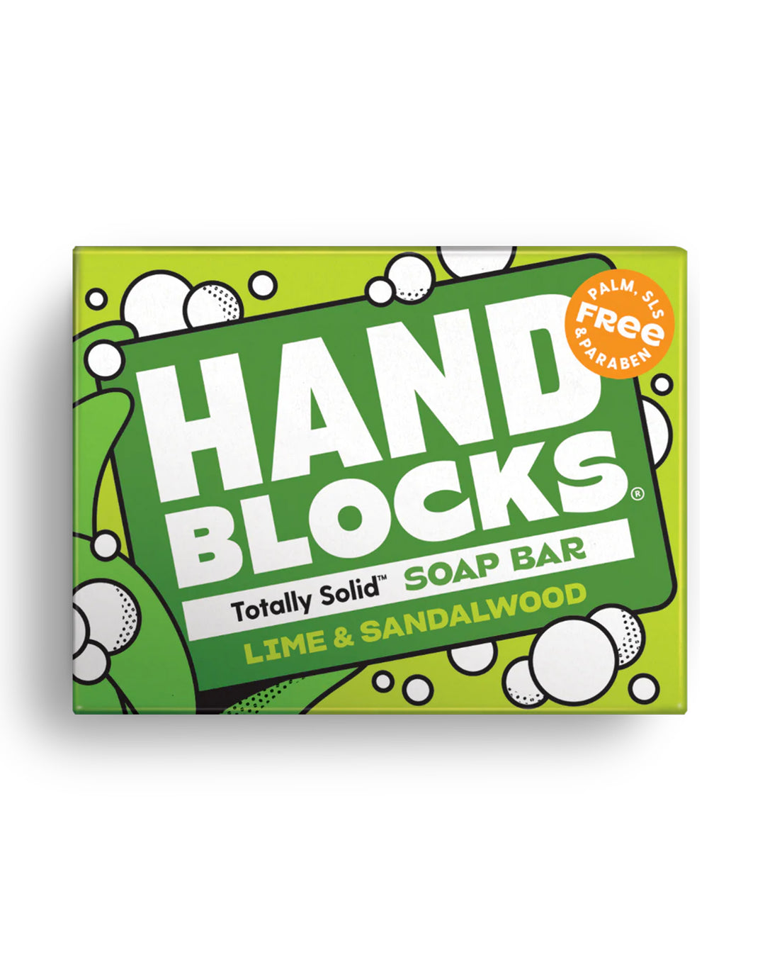 Hand Blocks soap bar packaging with green background and white text