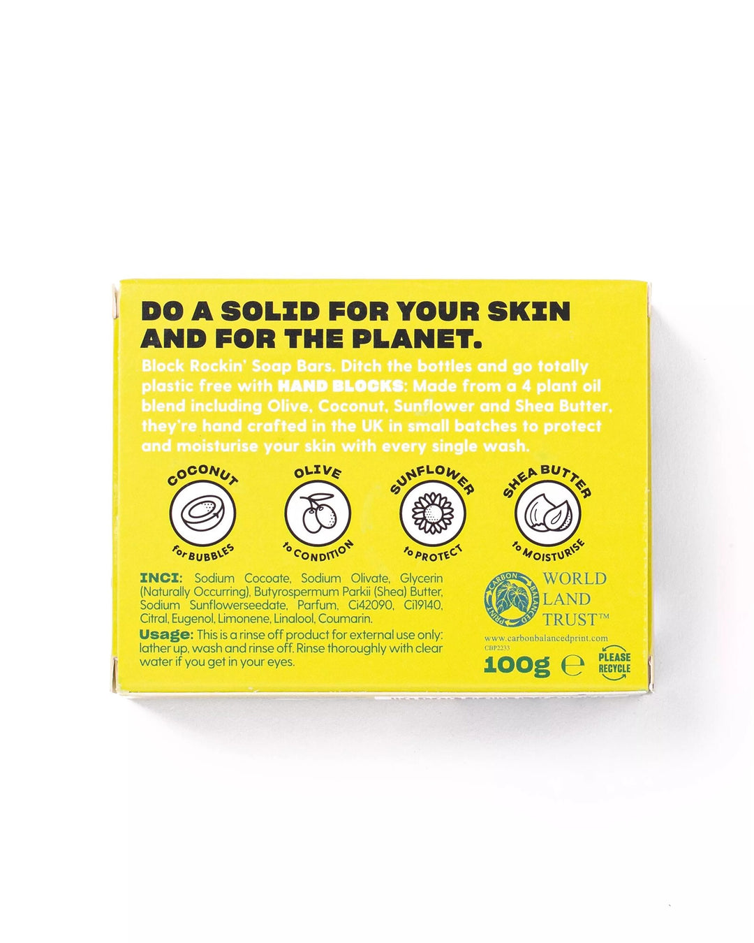 Yellow box with branding and product information on a white background