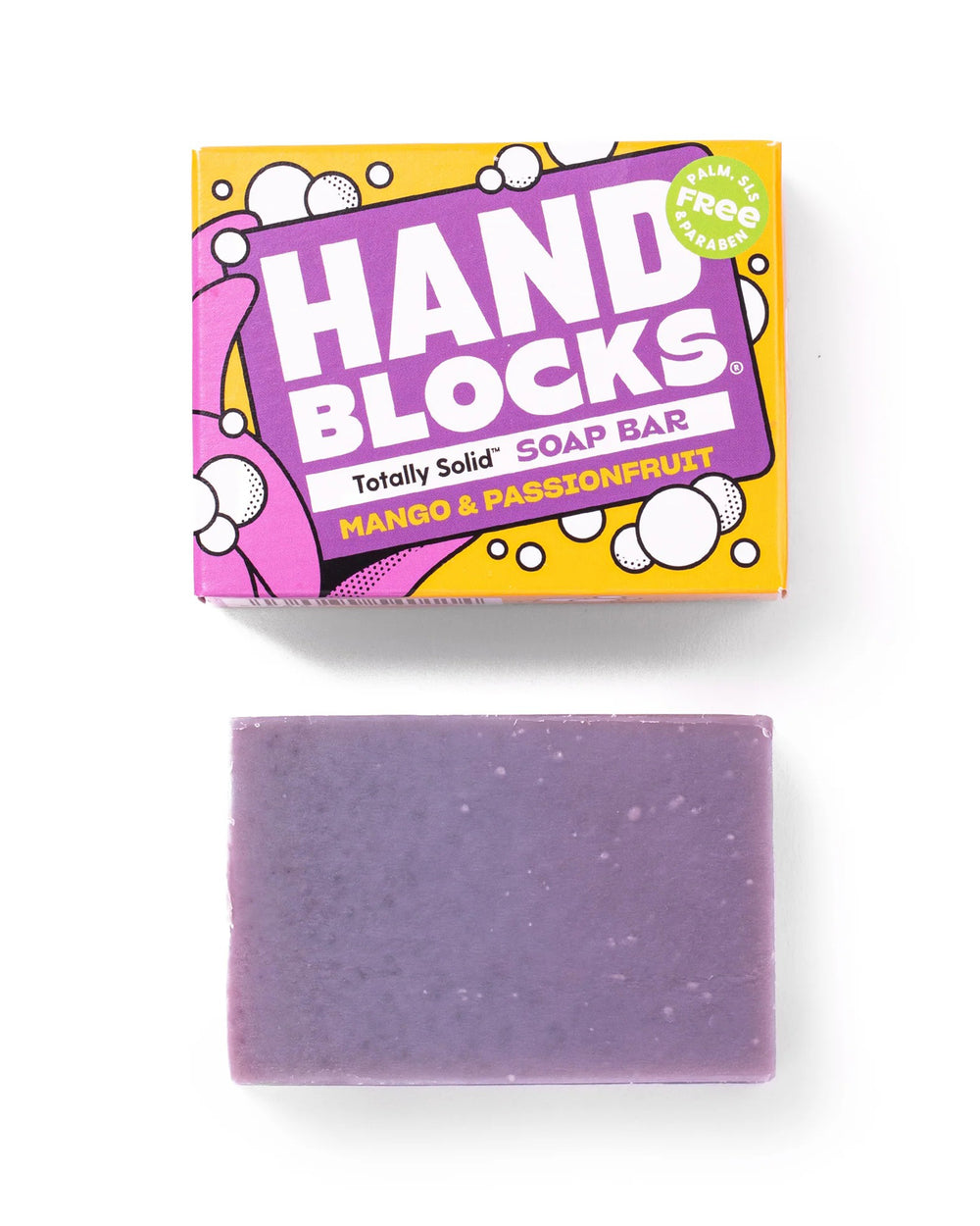 Purple soap bar with 'Hand Blocks' packaging on a white background