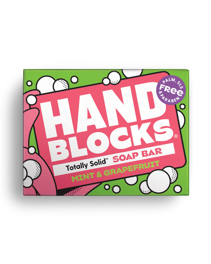 Hand Blocks soap bar packaging with pink and green design on a white background