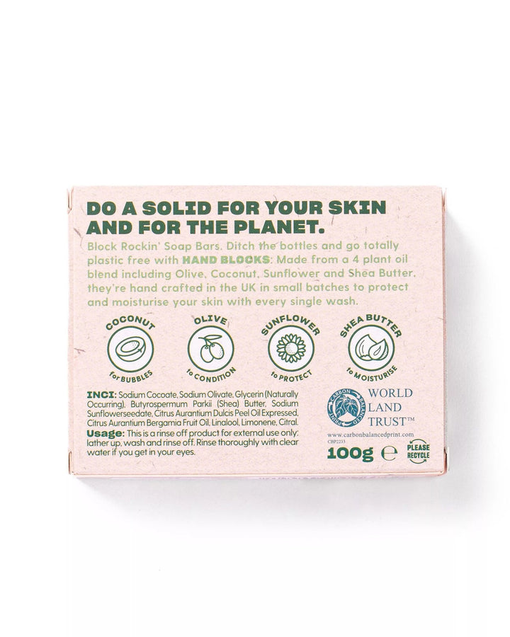 Bar of soap packaging with branding and product information on a white background