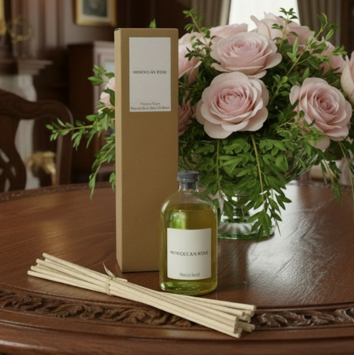 Bottle of 'Mediterranean Rose' diffuser with reeds and a box on a wooden table.