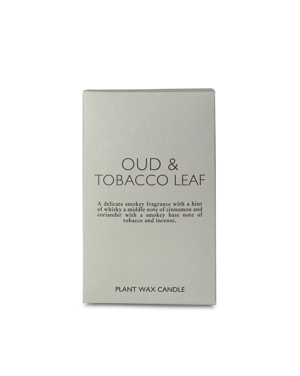 Candle packaging with 'Oud & Tobacco Leaf' description on a white background