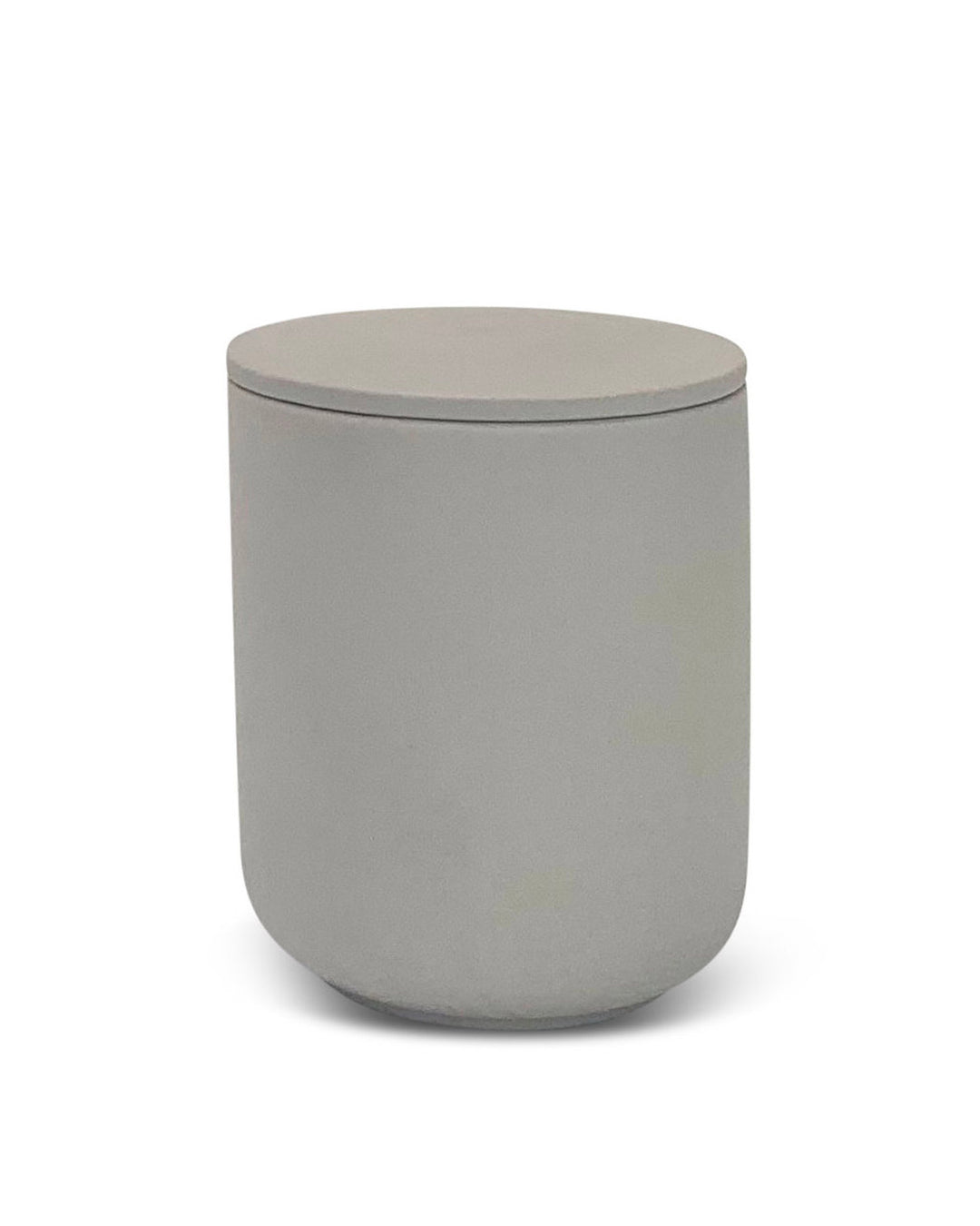 Gray cylindrical container with lid on a white background