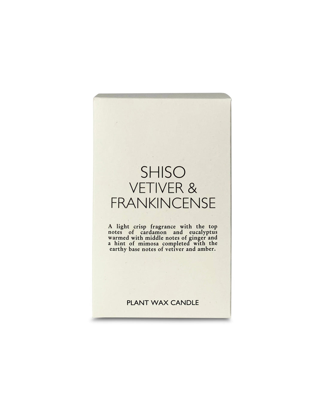 Box of Shiso Vetiver & Frankincense candle on a white background