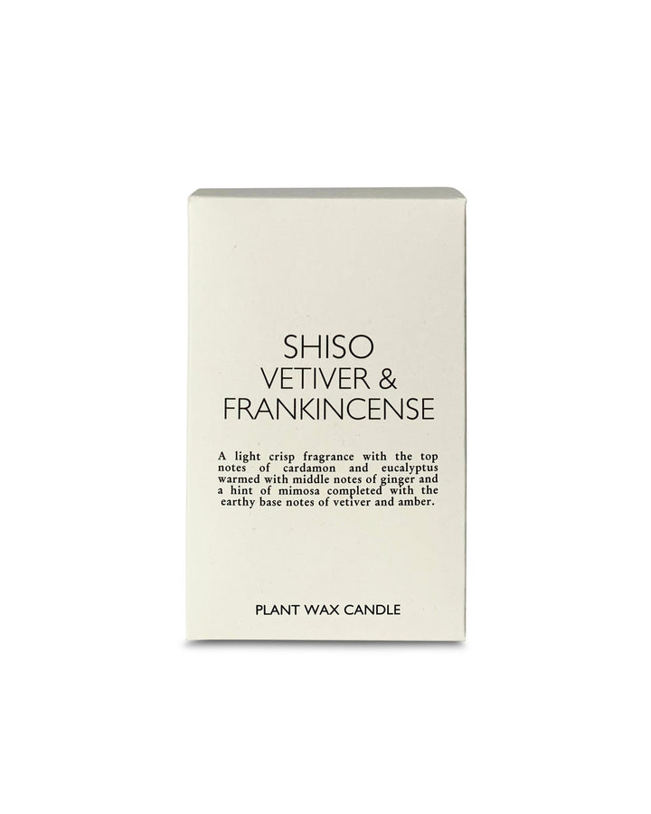 Box of Shiso Vetiver & Frankincense candle on a white background