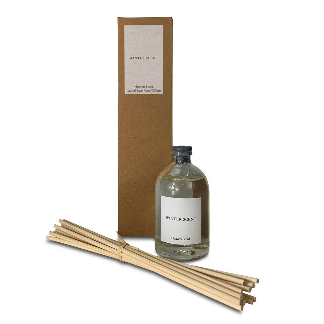 Diffuser set with bottle, sticks, and box labeled 'Winter Scent' on a white background