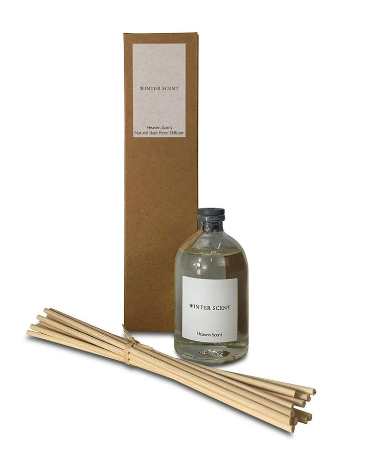 Diffuser set with bottle, reeds, and packaging on a white background
