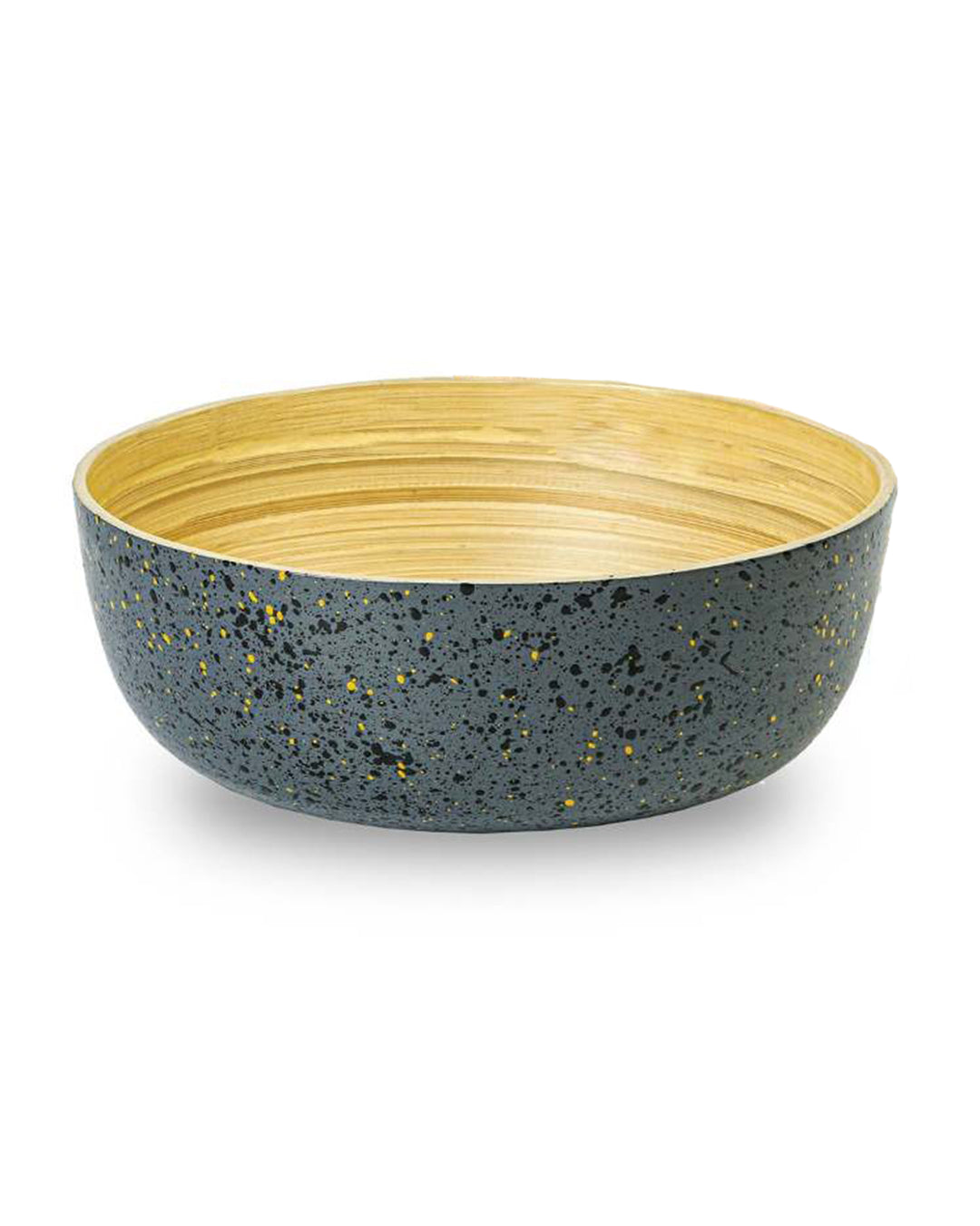 Bowl with speckled gray exterior and wooden interior on a white background