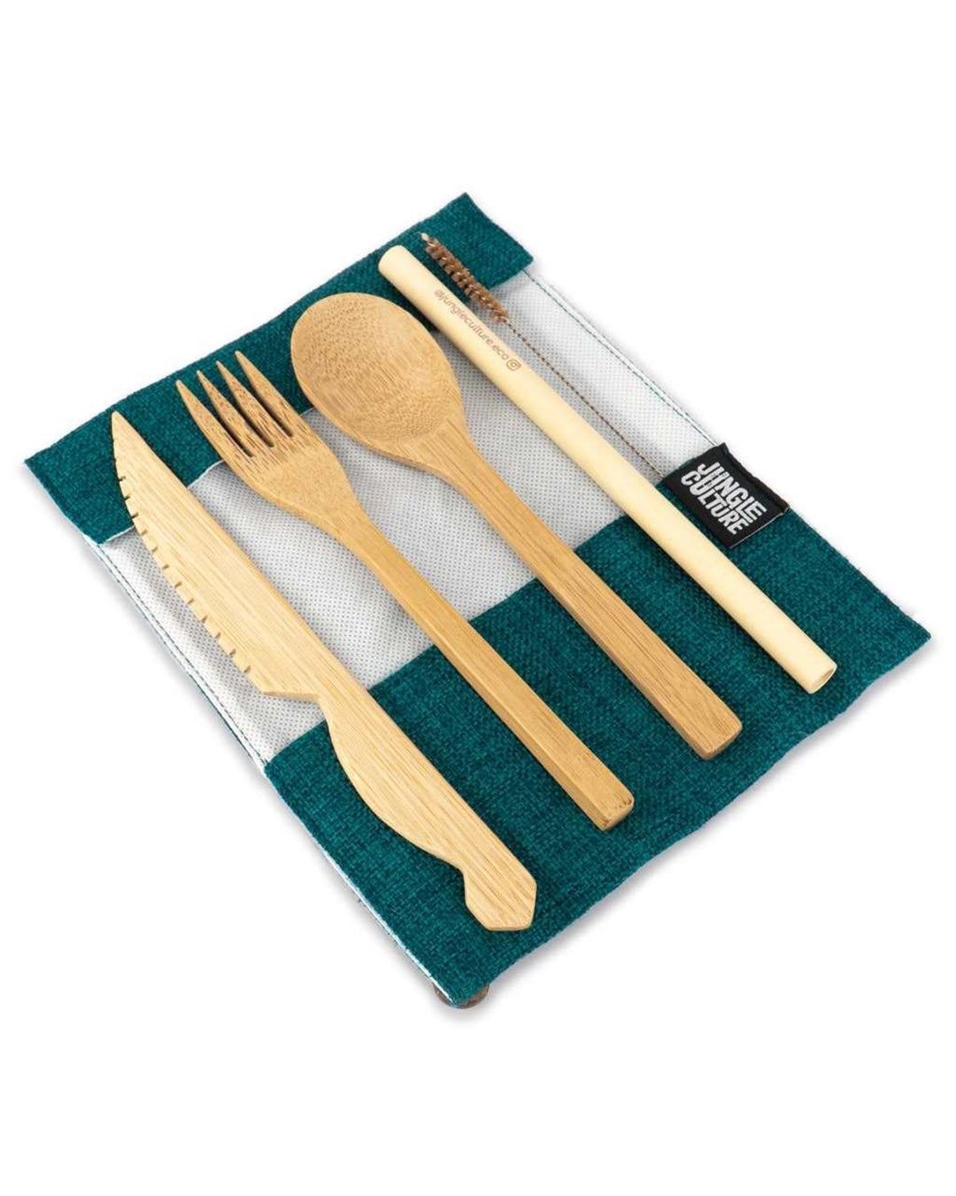 Set of wooden cutlery including knife, fork, and spoon on a green cloth with 'Bamboo' branding.