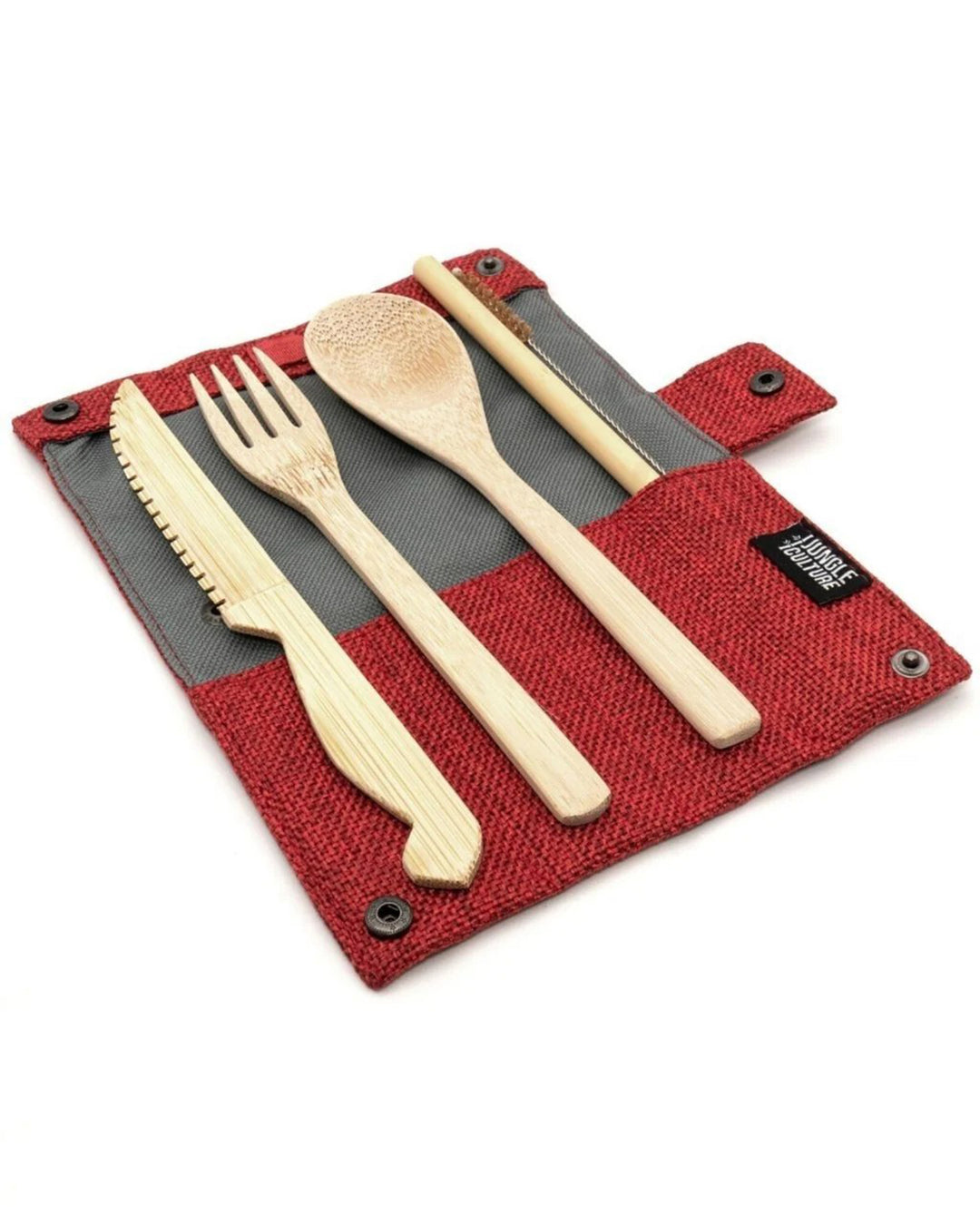 Set of wooden cutlery including knife, fork, and spoon on a red carrying case with a visible brand label.