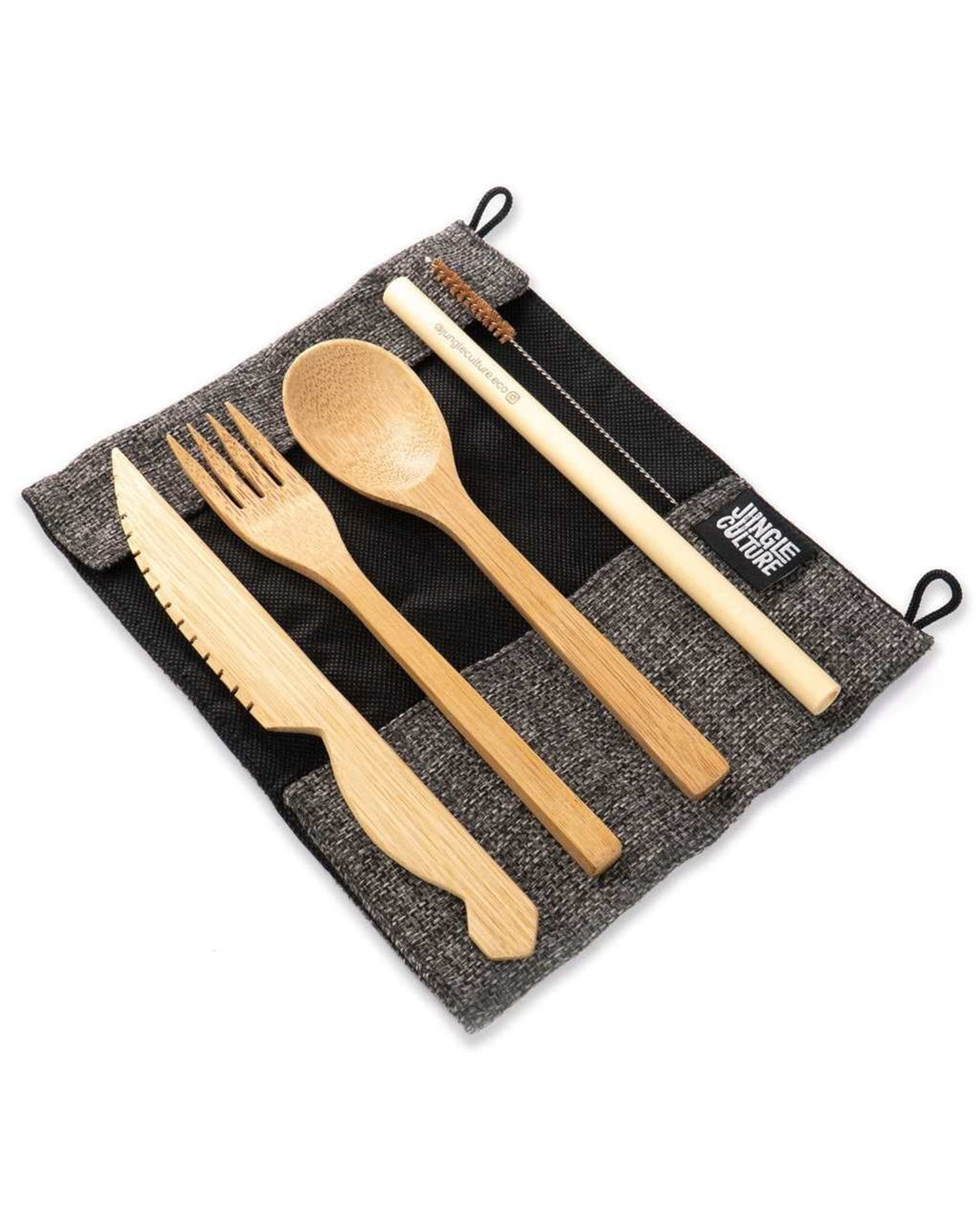 Set of wooden cutlery including knife, fork, and spoon on a gray fabric pouch with a brand logo.