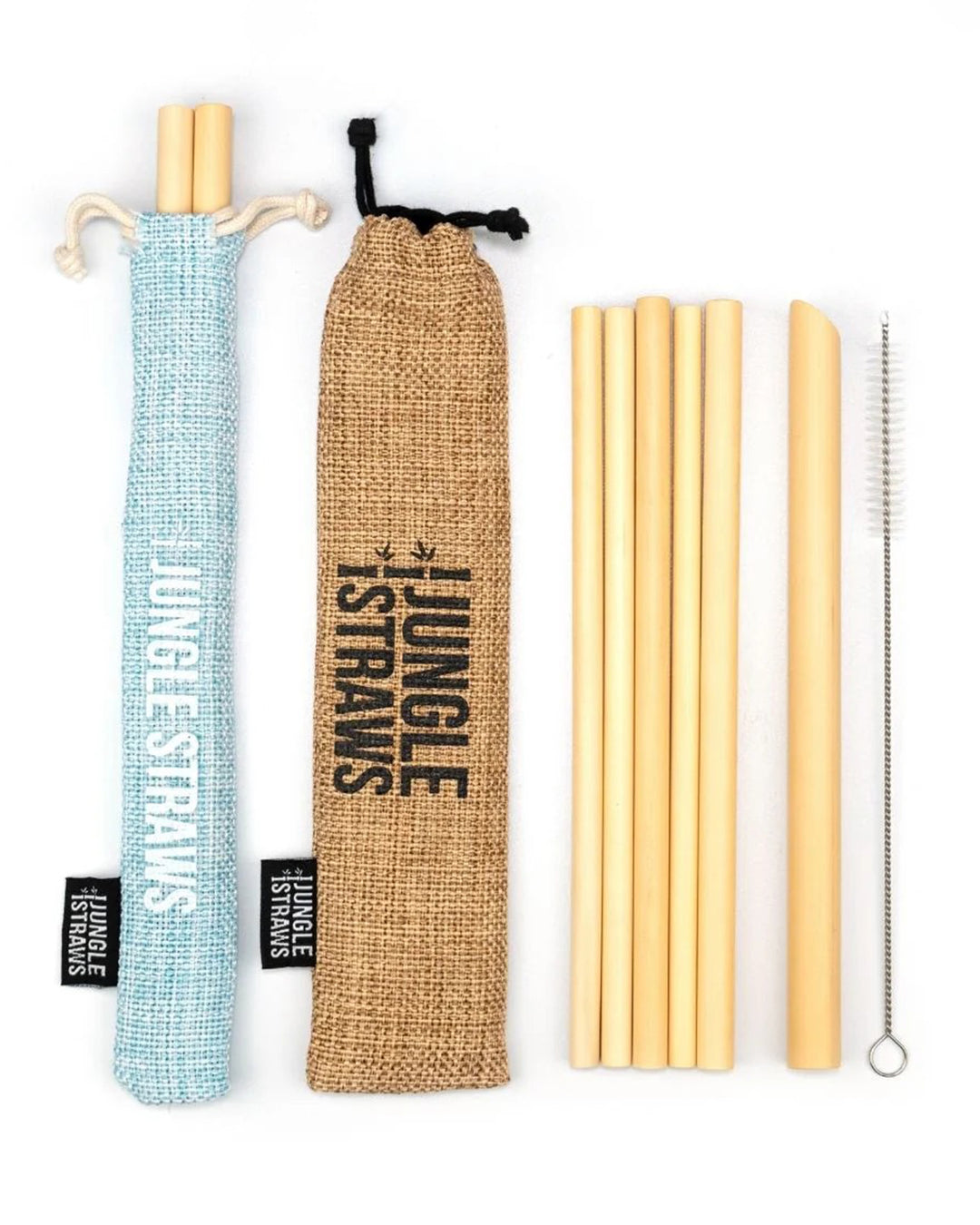 Jungle Straws set with reusable straws, cleaning brush, and carrying bags on a white background