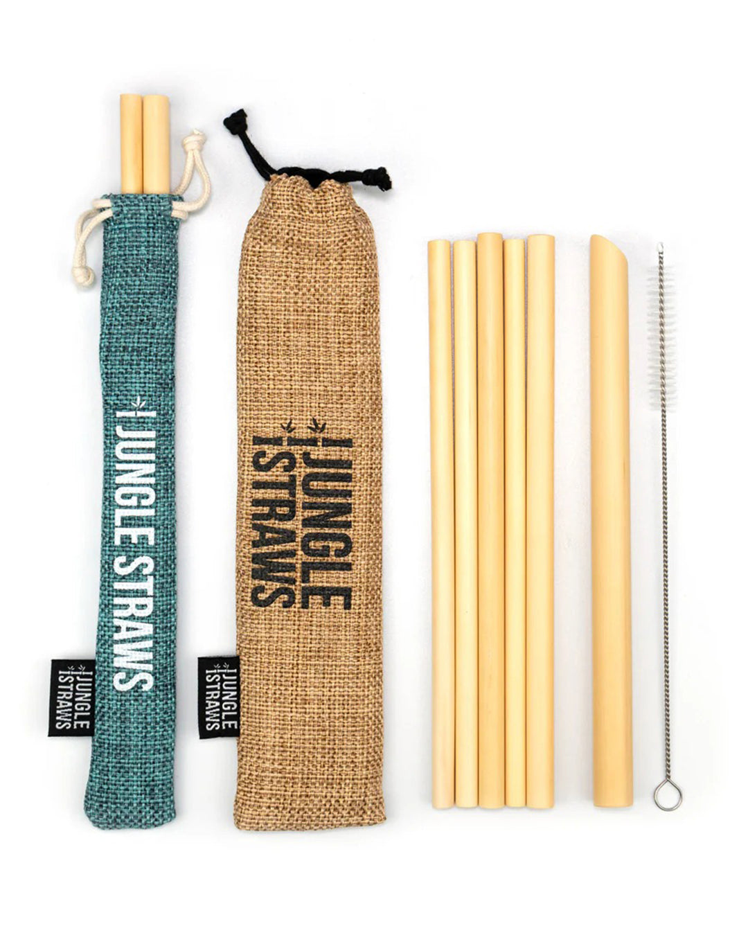 Set of Jungle Straws including straws, a cleaning tool, and carrying bags on a white background