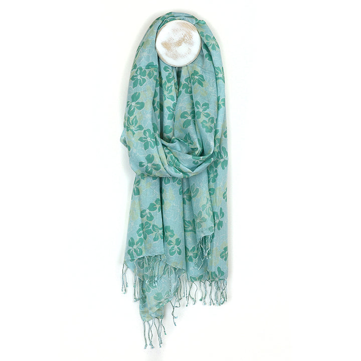 Light Turquoise Sea Of Flowers Fringe Scarf
