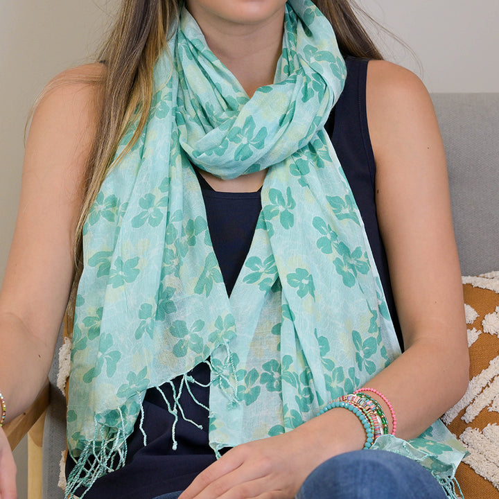 Light Turquoise Sea Of Flowers Fringe Scarf