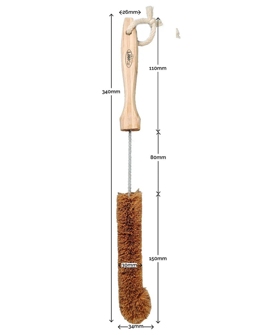 Measurement chart of a wooden brush with bristles, showing dimensions on a white background.