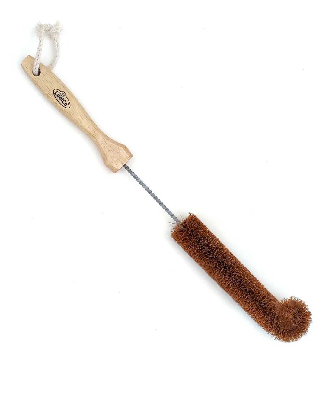 Cleaning brush with wooden handle and brown bristles on a white background