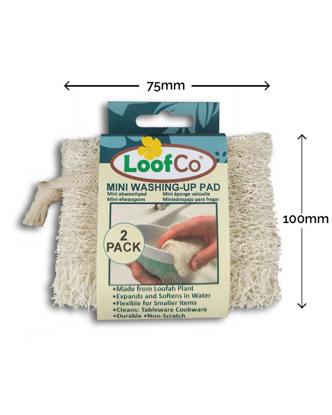 LoofCo mini washing-up pad packaging with dimensions indicated