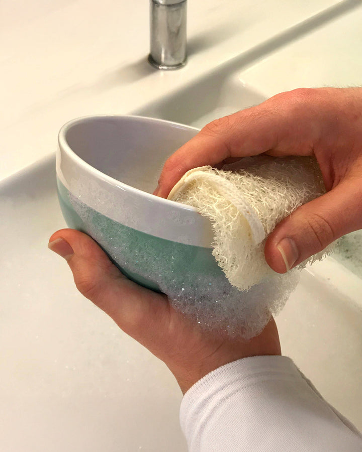 Hand holding a white bowl with a sponge inside, over a sink.
