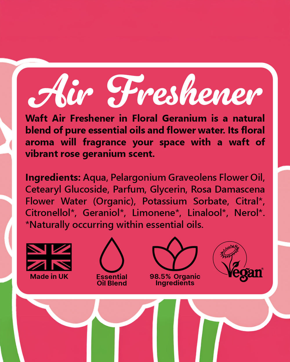 Air freshener label with ingredients and product details on a pink background