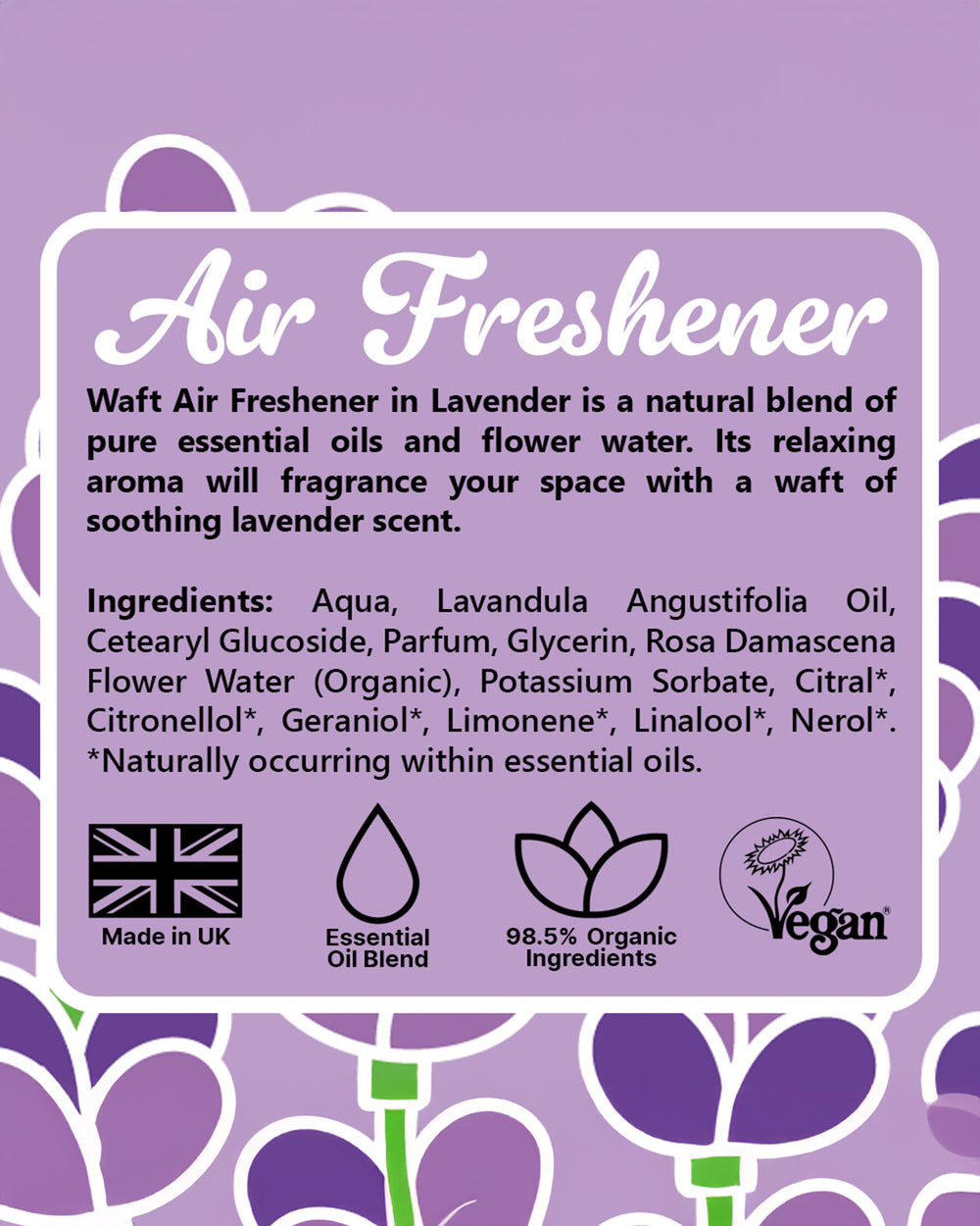 Lavender air freshener label with ingredients and certification logos on a purple background