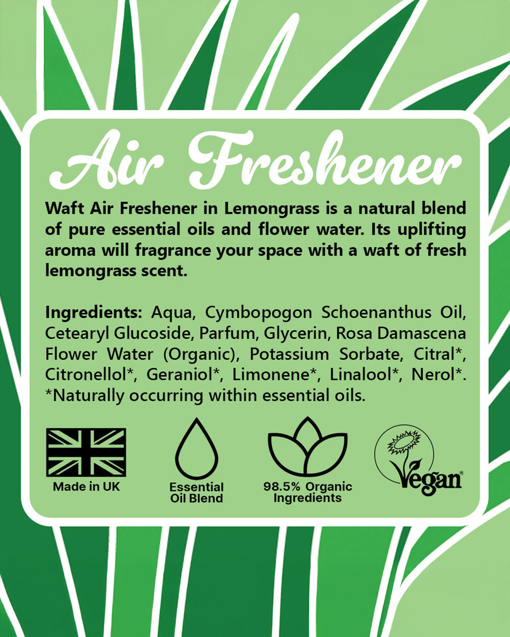 Air freshener label with green background and text about ingredients and properties