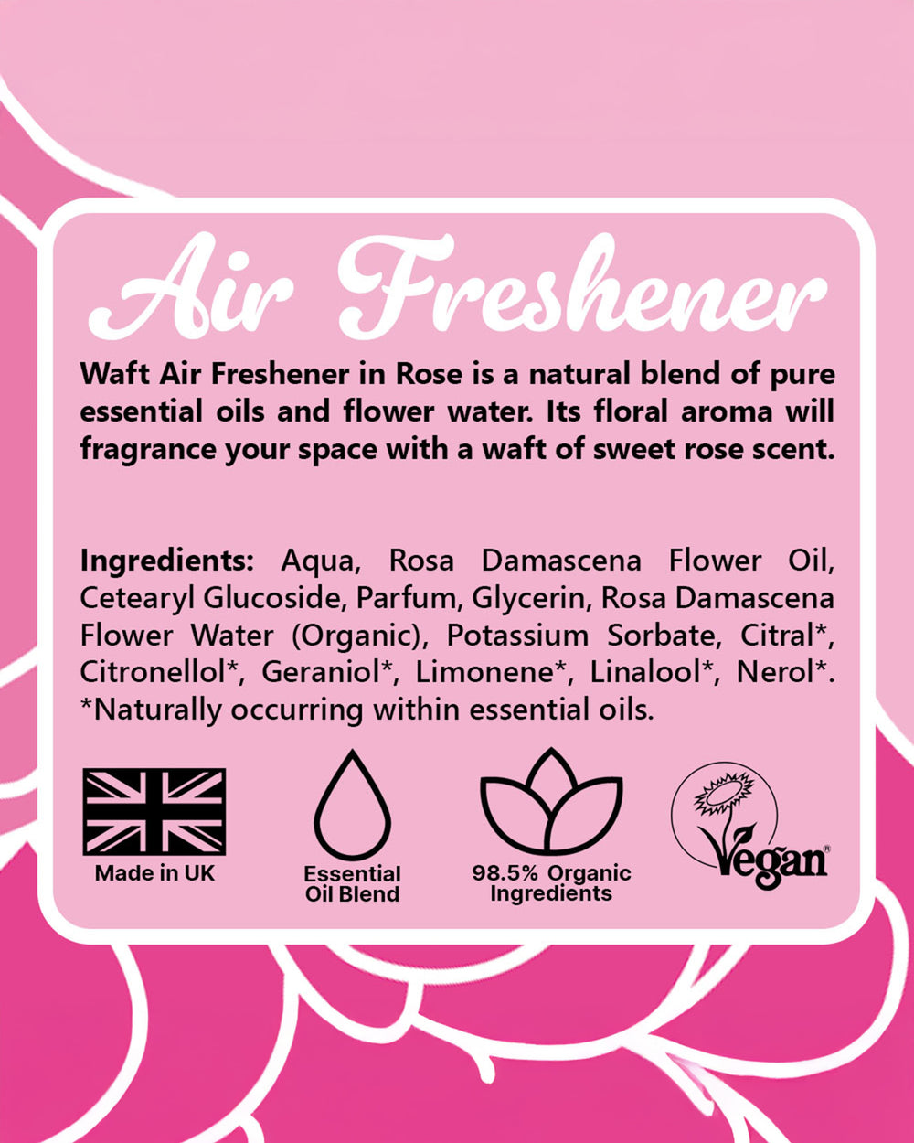 Air freshener label with ingredients and product details on a pink background