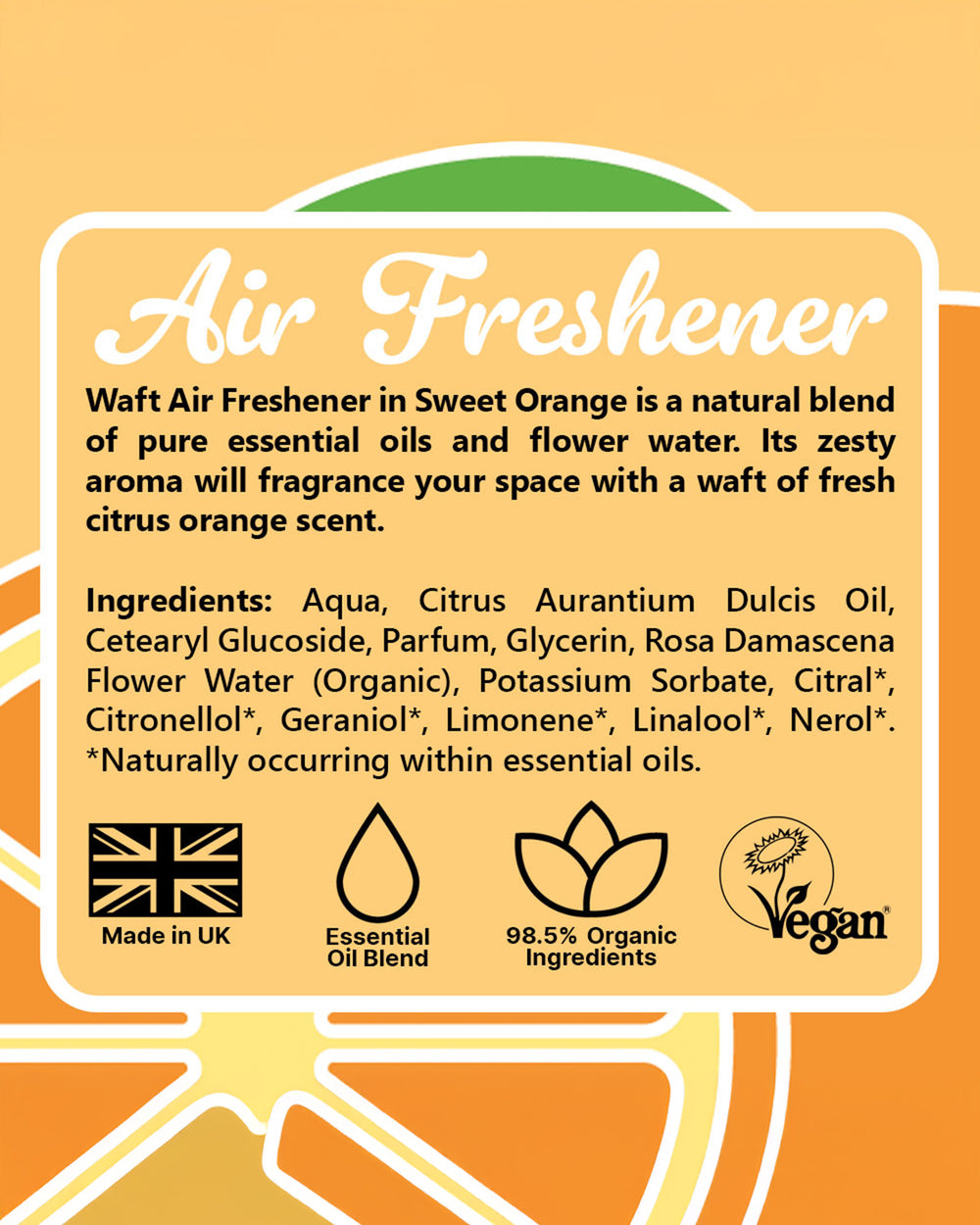 Air freshener label with ingredients and product details on a yellow background
