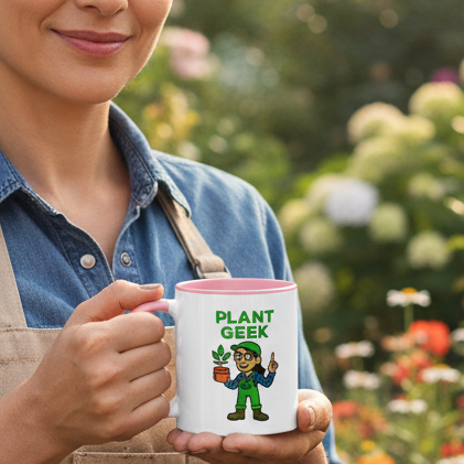 Woman holding a Norman And Vera Plant Geek mug in a garden