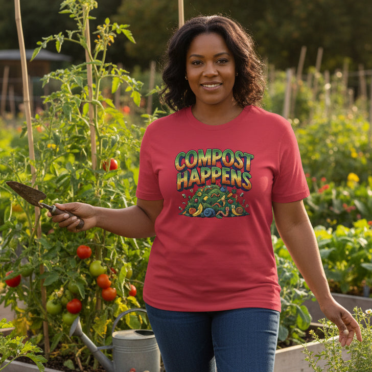 Woman in an allotment wearing a red t-shirt with 'Compost Happens' graphic design 