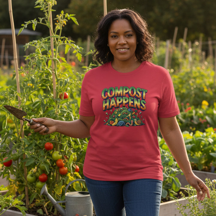 Woman in an allotment wearing a red t-shirt with 'Compost Happens' graphic design 