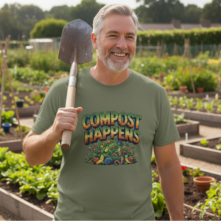 Man holding a spade over his shoulder and wearing a 'Compost Happens' t-shirt in a garden setting