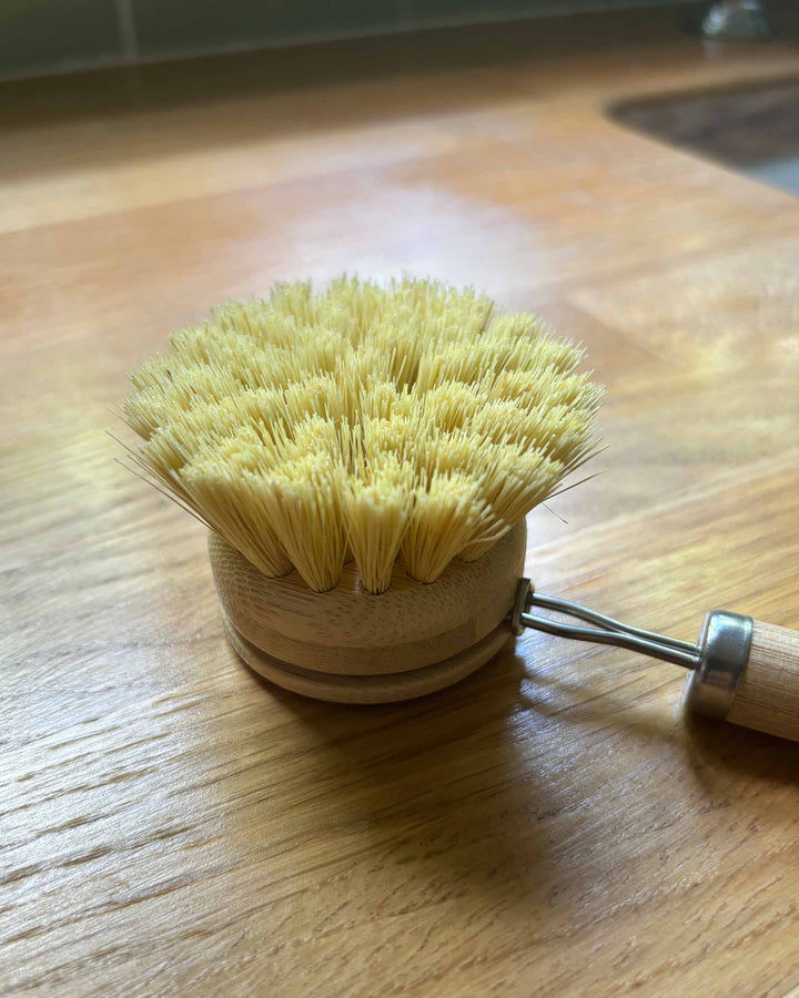 Kitchen brush with natural bristles on a wooden surface
