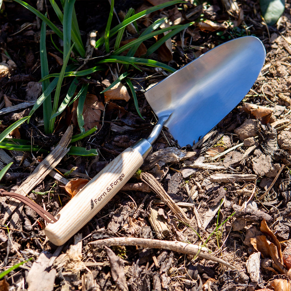 Close view of the Nutscene Fern and Forge hand trowel showing the polished stainless steel blade and branded ash handle on fallen leaves