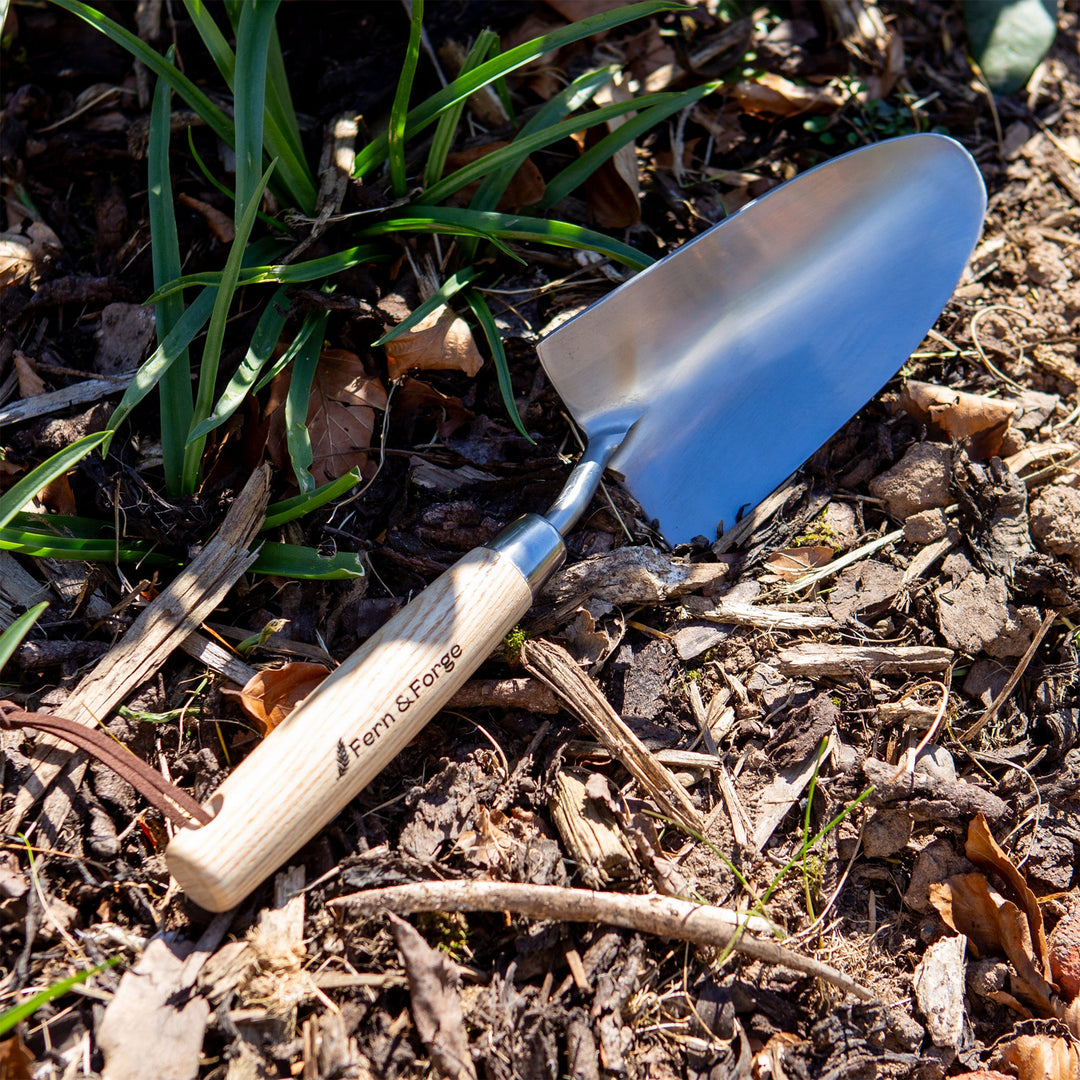 Close view of the Nutscene Fern and Forge hand trowel showing the polished stainless steel blade and branded ash handle on fallen leaves