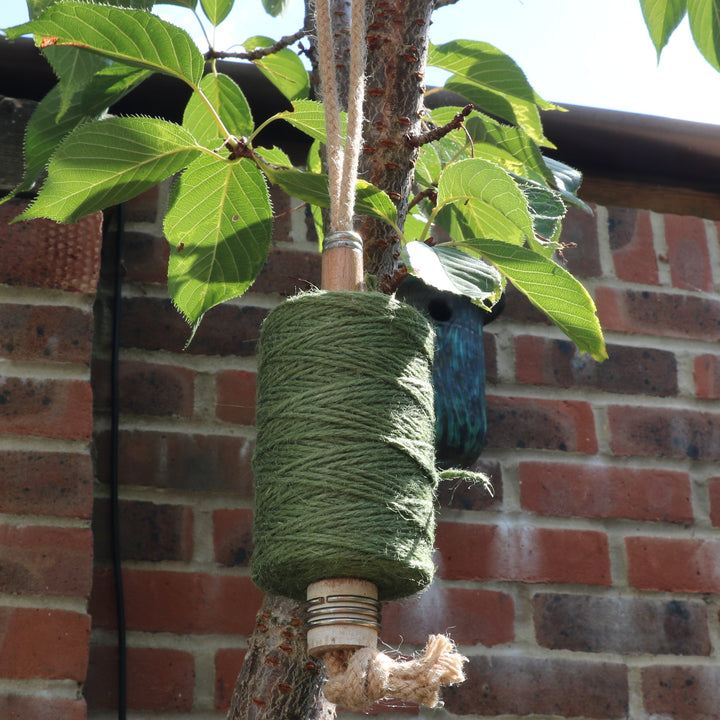 A green Nutscene reel of garden twine on a  mill bobbin hanging from a tree with a brick wall background
