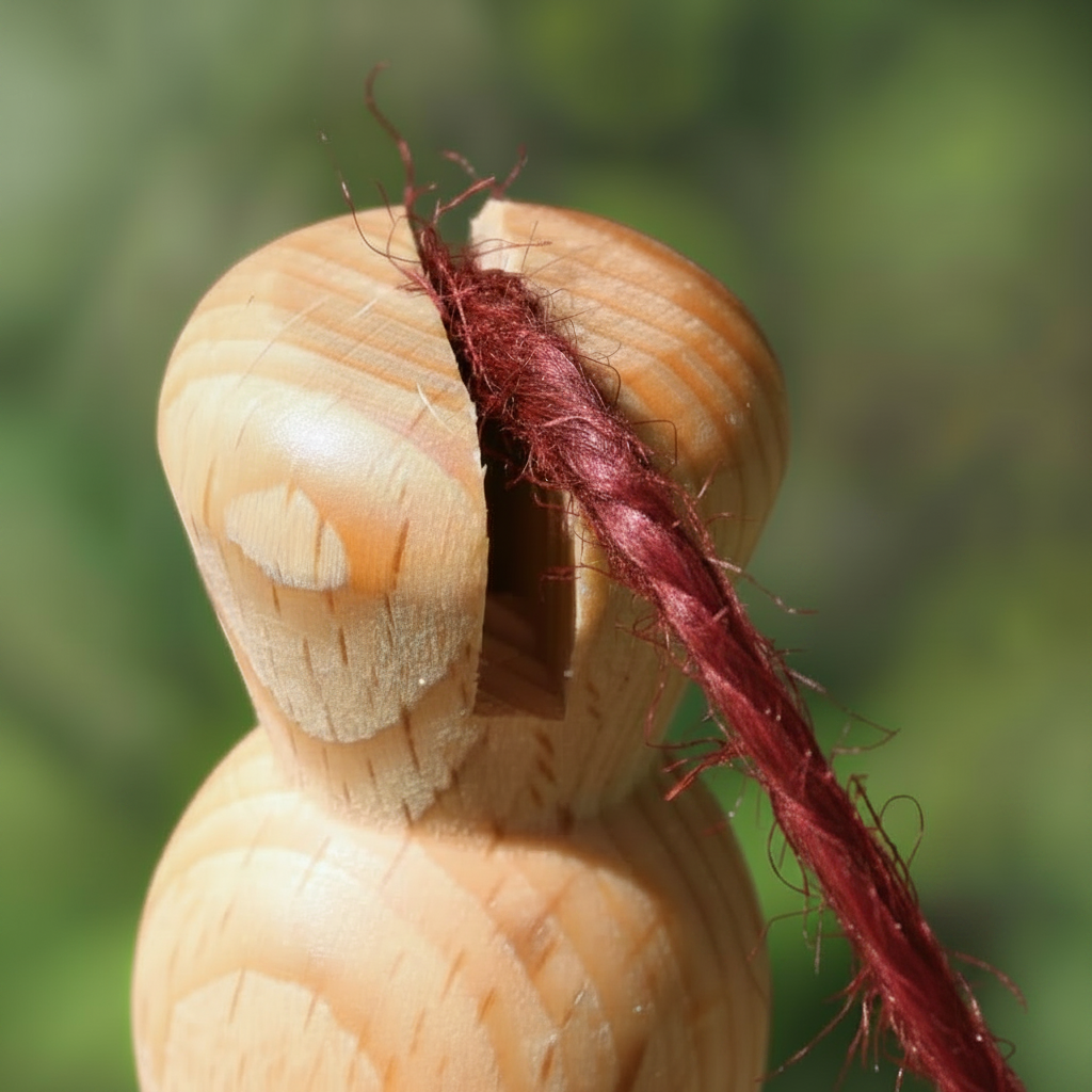 Close-up of a twine cutting notch showing a dark red garden twine threaded through it, against a blurred green natural background.