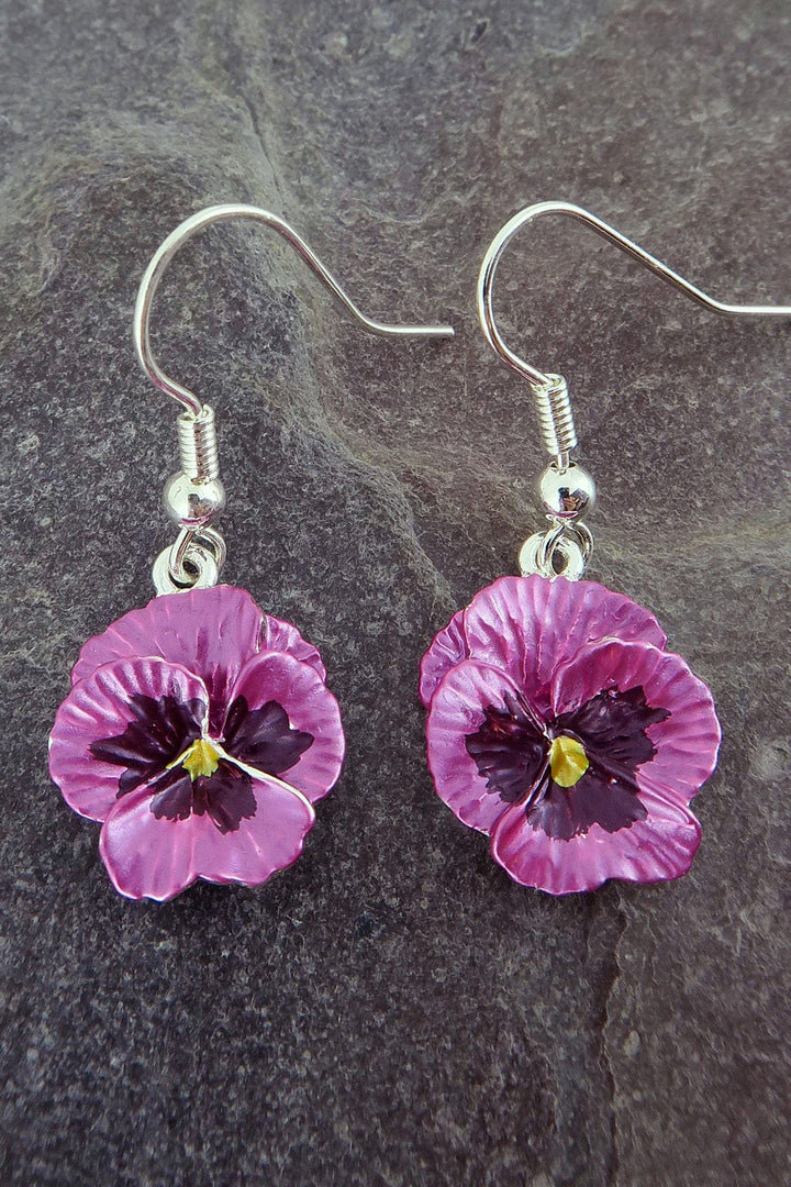 Alexander Thurlow Pink Enamelled Pansy Flower Silver Tone Drop Hook Earrings