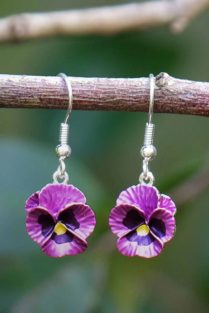 Alexander Thurlow Pink Enamelled Pansy Flower Silver Tone Drop Hook Earrings