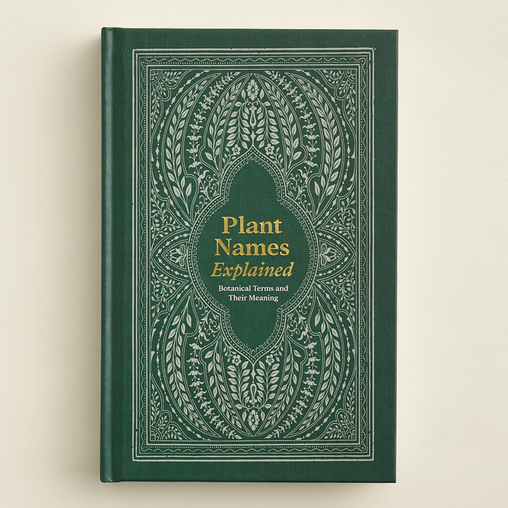 Green book titled 'Plant Names Explained' on a beige background