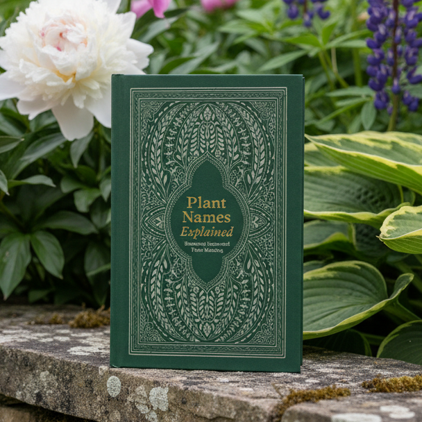 Green book titled 'Plant Names Explained' on a stone surface with flowers in the background