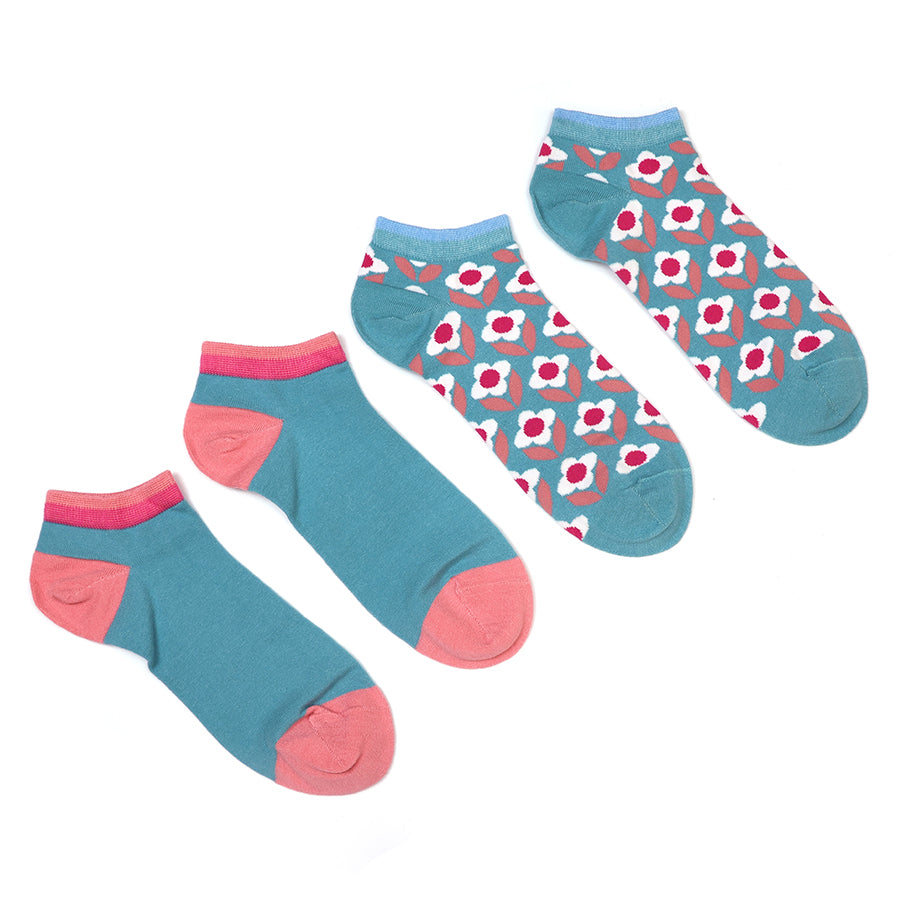 Pom 20264 Turquoise Pink Retro Flower Trainer Socks 2-Pack