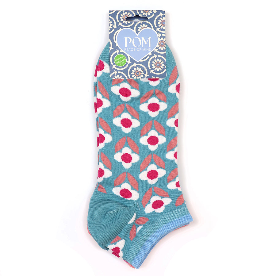 Pom 20264 Turquoise Pink Retro Flower Trainer Socks 2-Pack