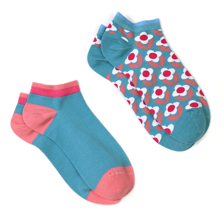 Pom 20264 Turquoise Pink Retro Flower Trainer Socks 2-Pack