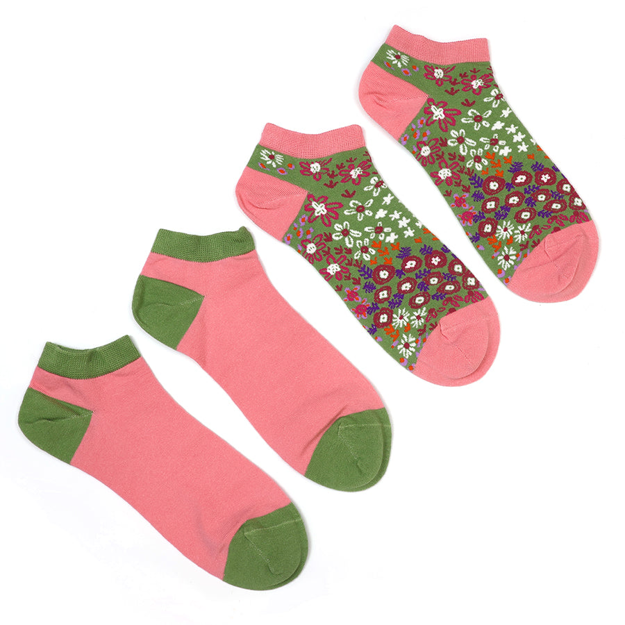Pom 20267 Coral Olive Mix Blossoms Trainer Socks 2-Pack